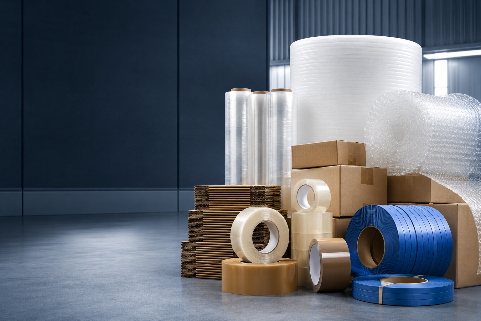 Packaging materials including stretch film, cartons, tape, foam and strapping